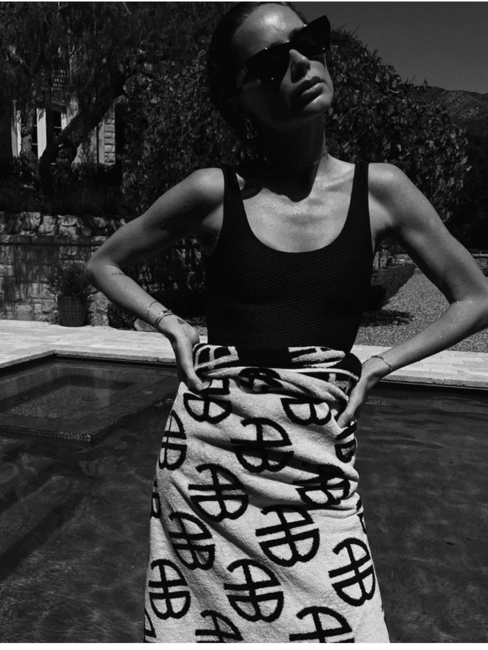 Anine Bing Bahia Towel in Beige and Black Monogram Print NWT
